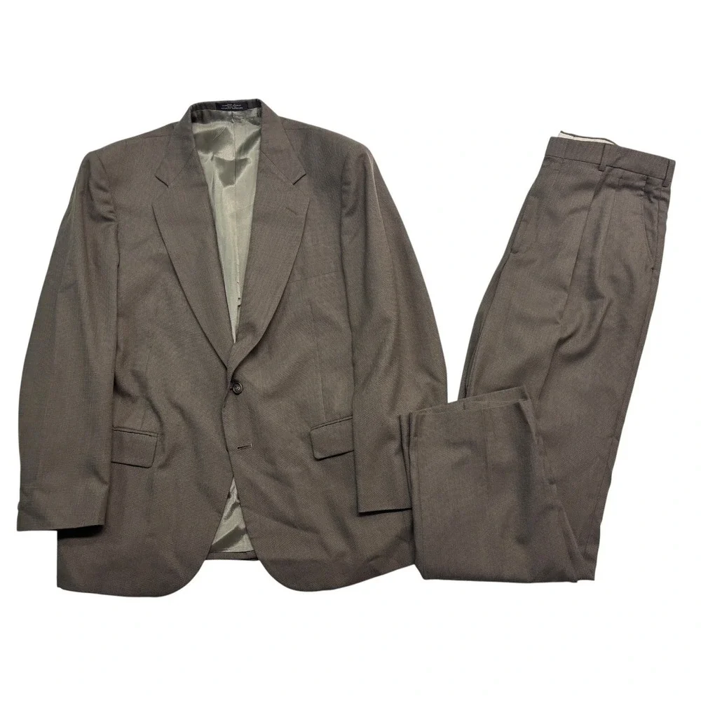 vtg 90s Towncraft 44R 36x32 Brown 2pc Pant Suit Wool Blend Pleated High Waisted